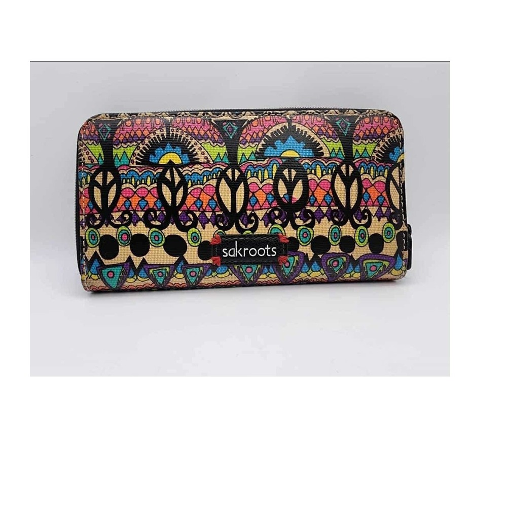 Sakroots Colorful Wallet Zip Around Wristlet Clutch Peace Sign‎ Boho Festival